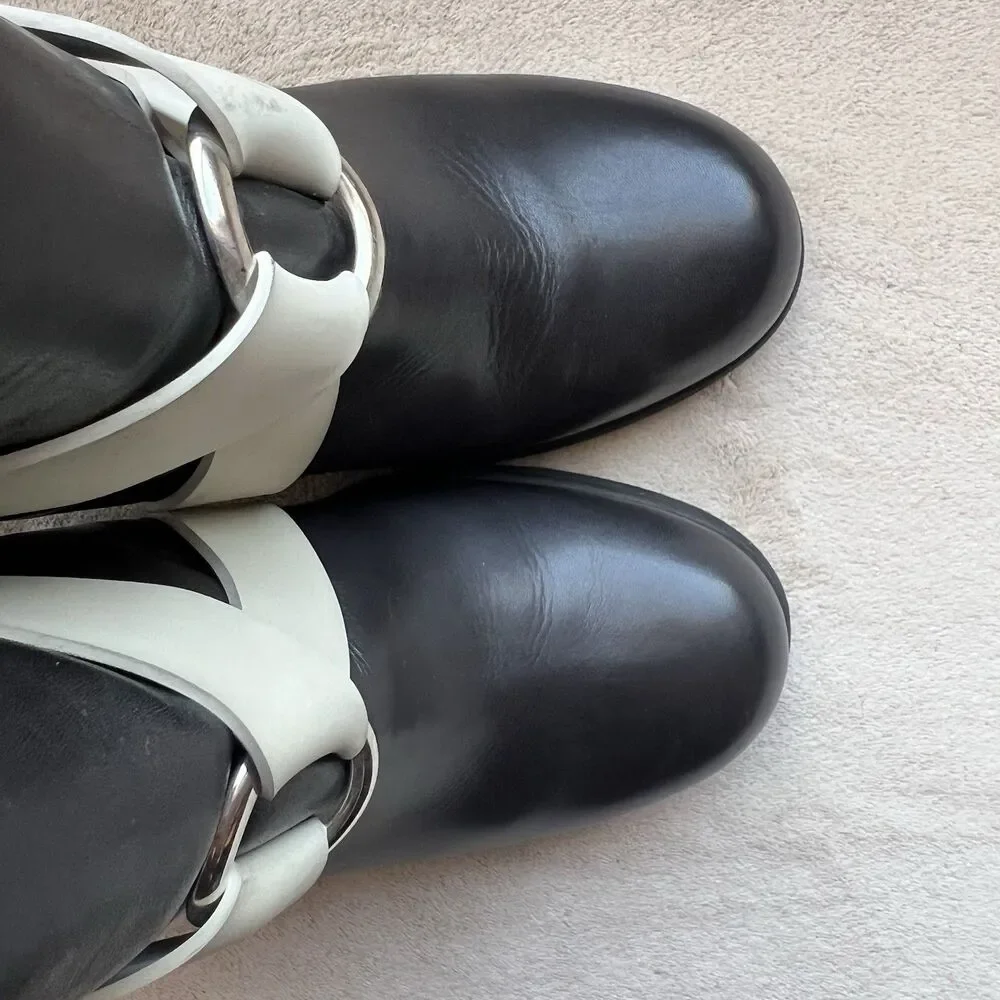 Maison Martin Margiela MM6 Black Leather w/ Cream Strap Ankle Booties EU 38 US 7